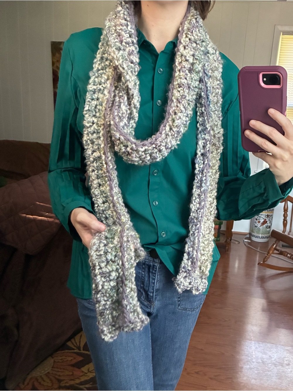 New Handmade Bouclé Scarf in Soft Multi-Color Jewel tone XTRA long